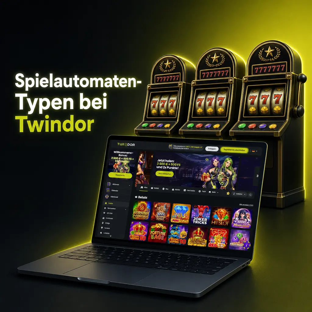 Übersicht verschiedener Spielautomaten-Kategorien wie Jackpot-, Megaways- und Früchte-Slots bei Twindor