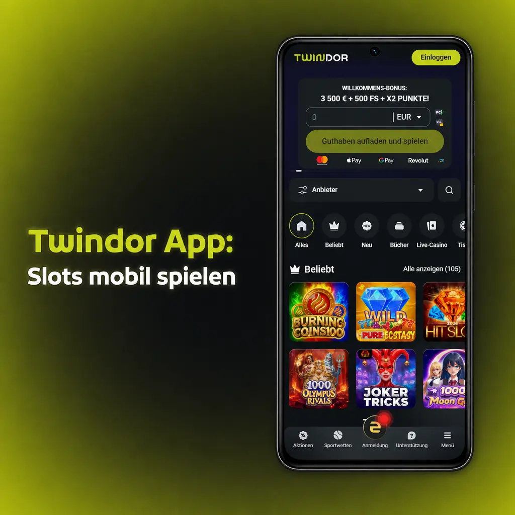 Twindor App auf Smartphone mit Spielautomaten-Lobby, Einsatzregler und Gewinnanzeige für mobiles Slots-Spielen