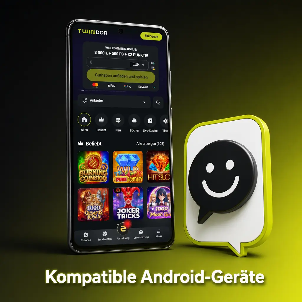 Kompatible Android-Geräte für die Twindor App: Samsung Galaxy S24, Google Pixel 8, Xiaomi Redmi Note 13 und weitere