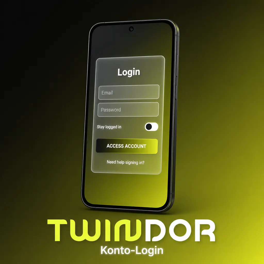 Twindor Konto-Login: Anmeldefenster mit E-Mail, Passwort und Zugriff auf Guthaben, Boni und Spielverlauf