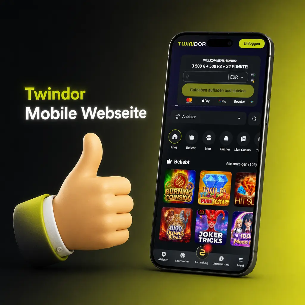 Twindor mobile Webseite für Sportwetten und Casino-Spiele ohne zusätzliche Software-Installation auf Smartphone und Tablet