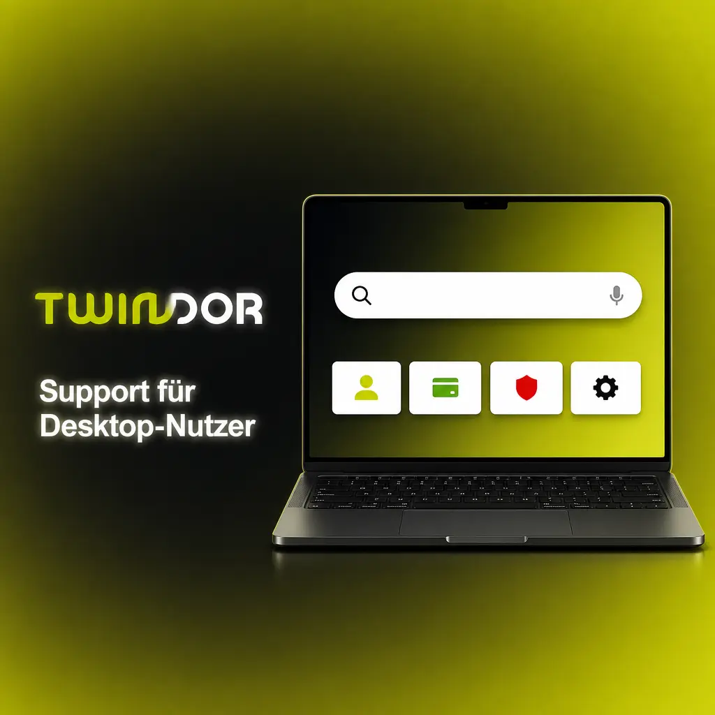 Support-Optionen der Twindor App für Desktop: Live-Chat, E-Mail-Support und Social-Media-Kontakt über X und Facebook