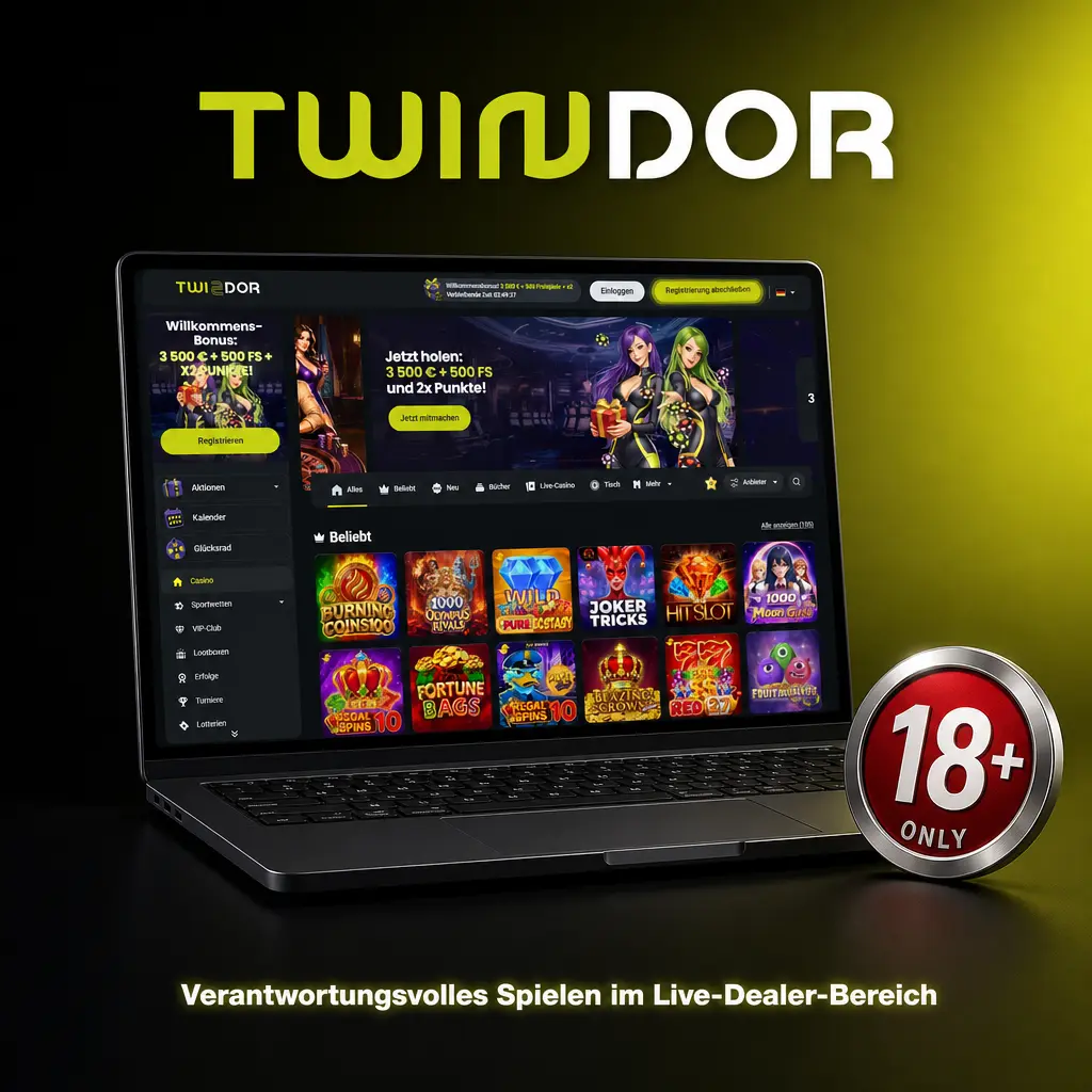 Twindor Lobby zeigt Einstellungen für Sitzungs- und Einsatzlimits bei Live-Dealer-Spielen wie Blackjack und Crazy Time.