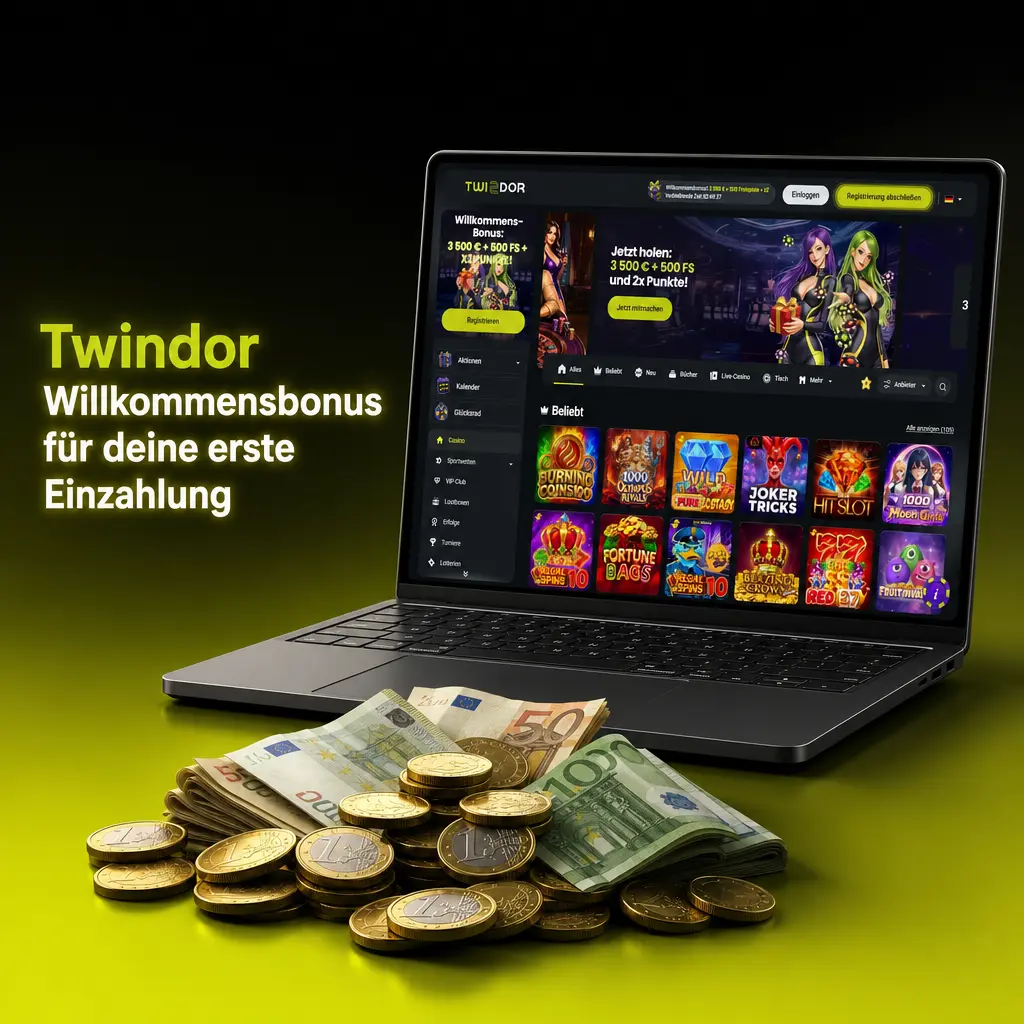 Twindor Willkommensbonus: bis zu 3.500 € auf die erste und zweite Einzahlung plus 500 Freispiele für Slots.