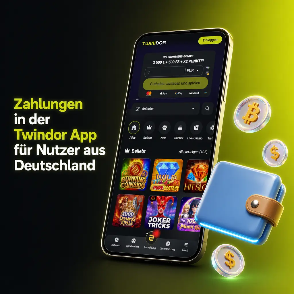 Zahlungsmethoden in der Twindor App für deutsche Nutzer: Überweisung, Visa, Mastercard, Apple Pay, Google Pay, Revolut, MiFinity, Binance.